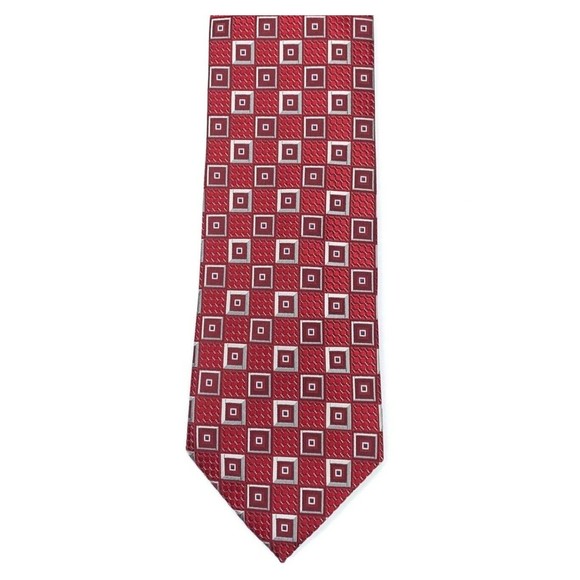 Current ERMENEGILDO ZEGNA Tie Red Gray Silver Squares Woven 100% Silk Necktie - Picture 7 of 10